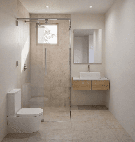 Render de un baño completo de una residencia de Encinas Residencial, San Mateo Atenco, Edo. Méx.