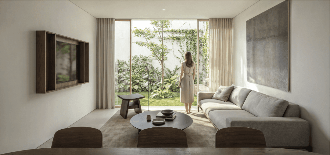 Render de la sala y comedor de una residencia de Encinas Residencial, San Mateo Atenco, Edo. Méx.