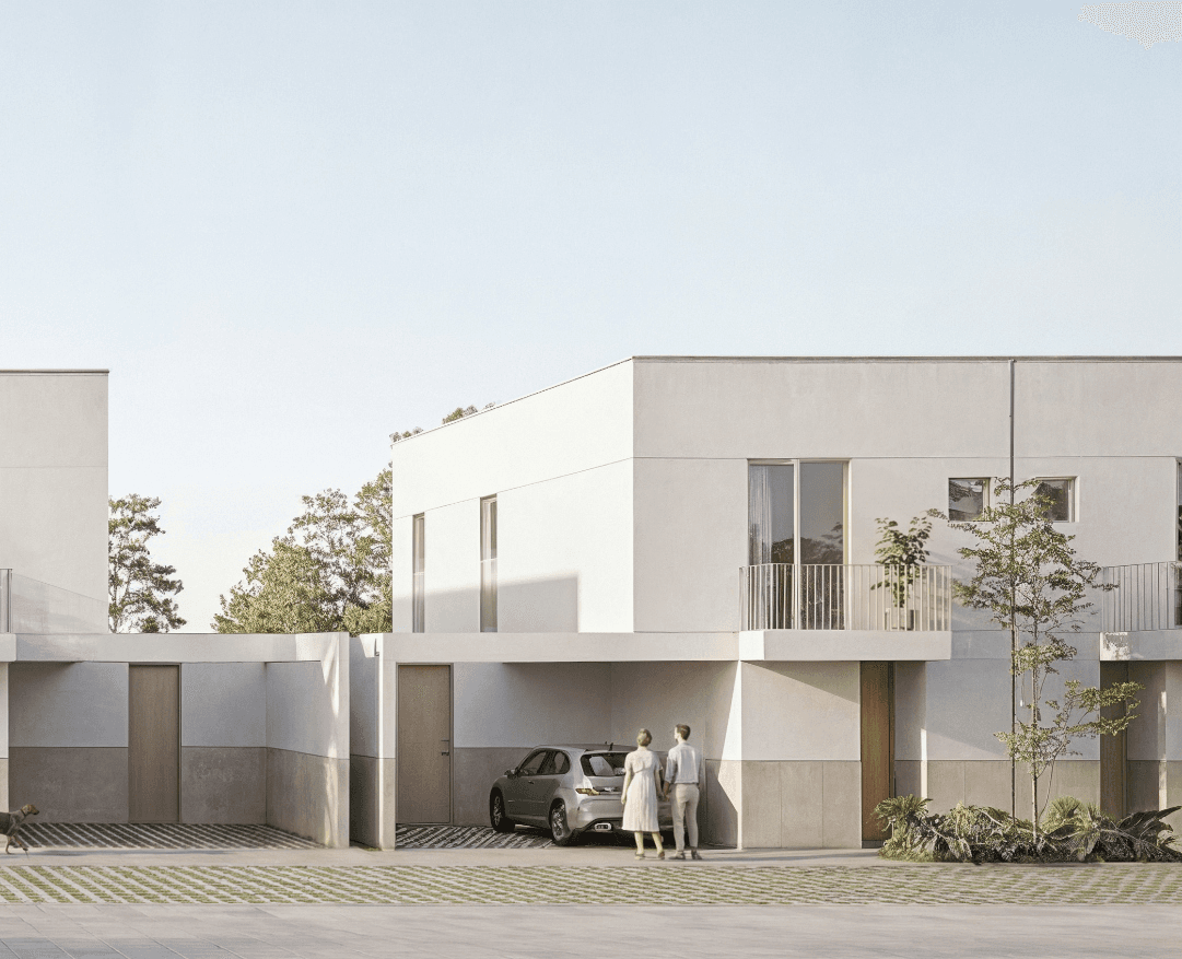 Render de la fachada y acceso de Encinas Residencial en San Mateo Atenco, Edo. Méx.