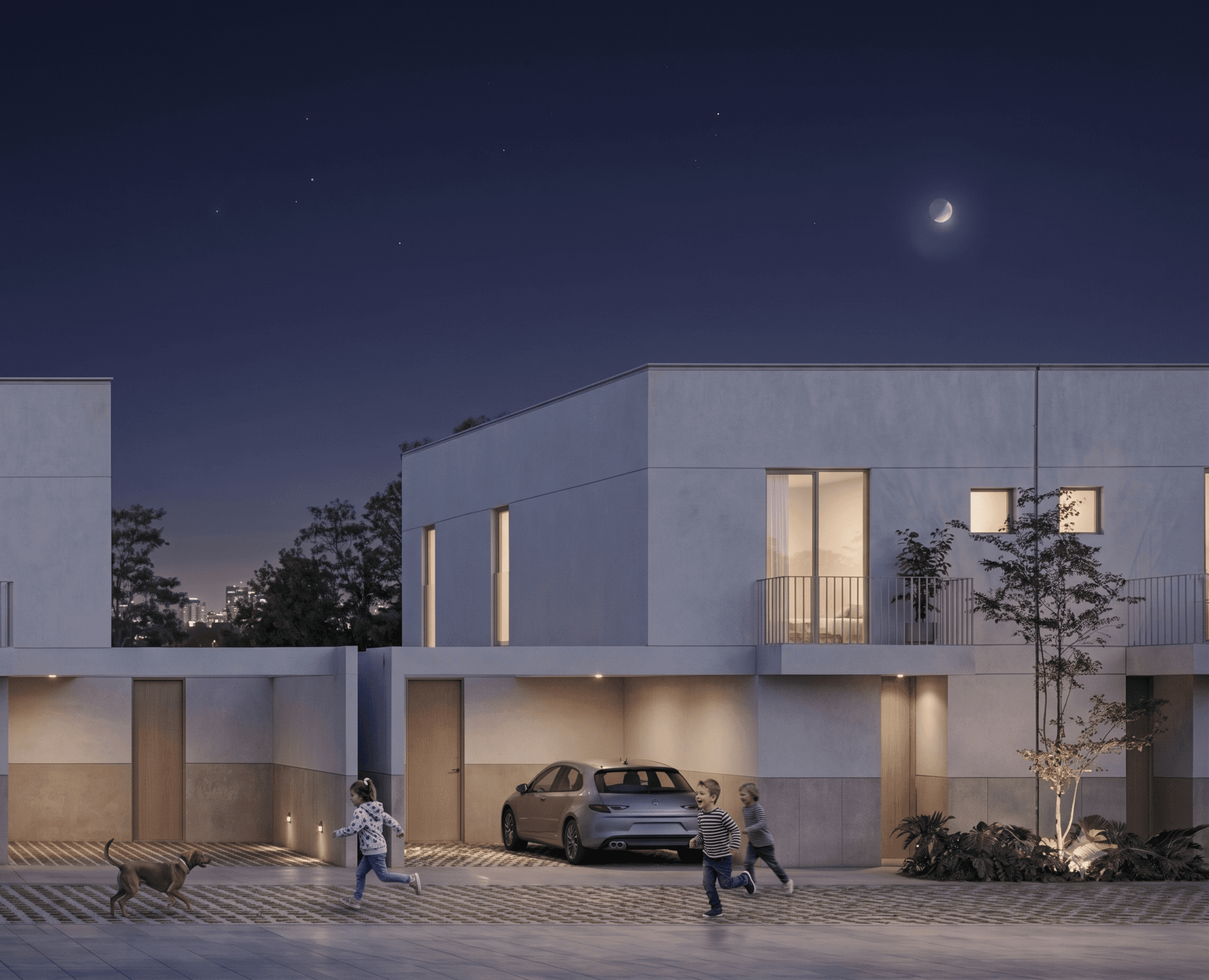 Render nocturno de las residencias de Las Encinas, casas de 116 m² en San Mateo Atenco, Edo. Méx.