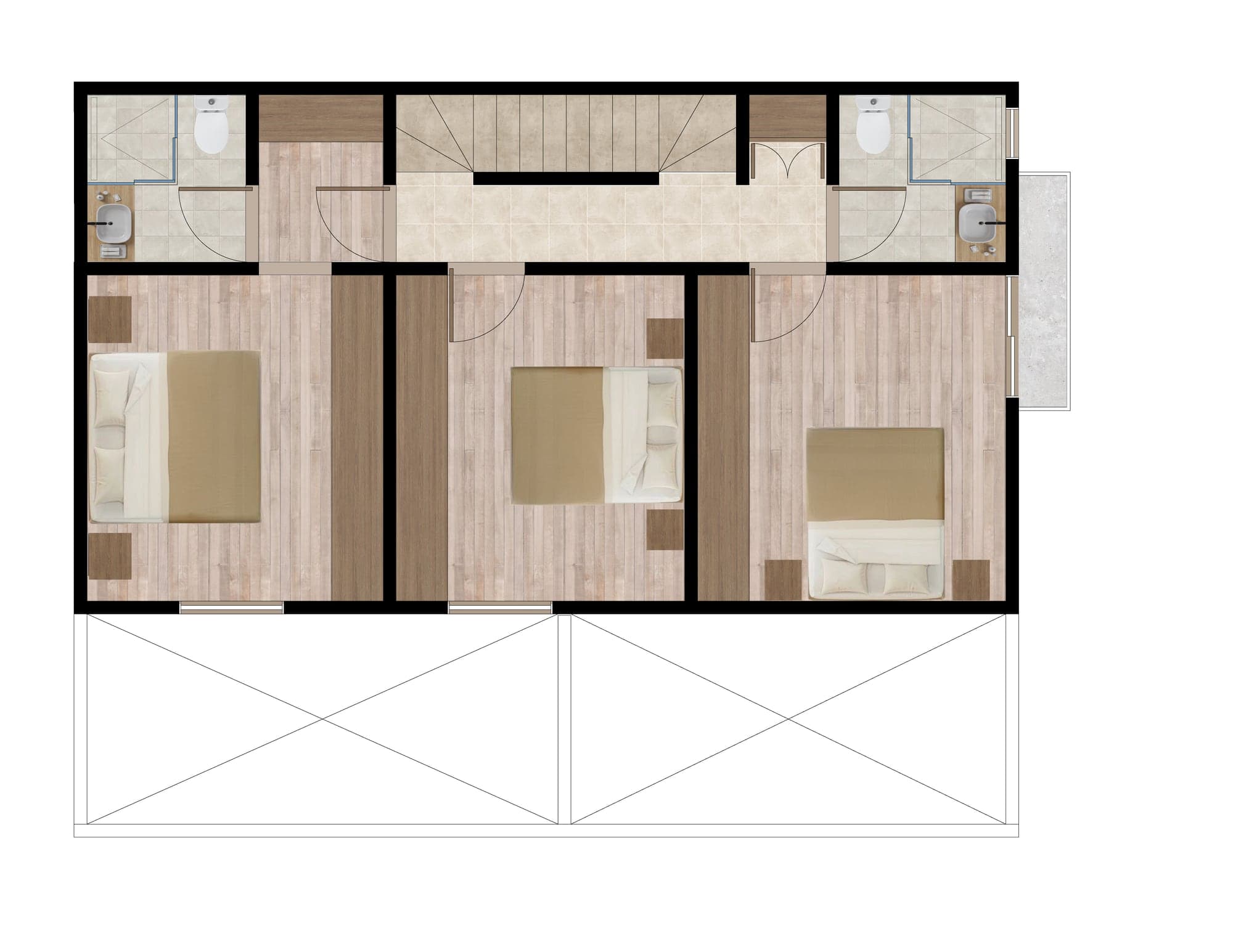 Planta alta de la residencia tipo de Las Encinas, 136 m² de construcción